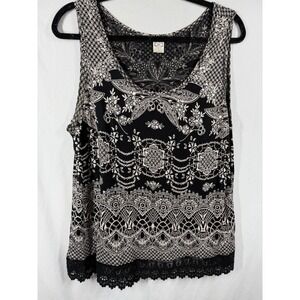 Bila 77 Boho Tank Top Large Black Beige Sequin Lace Trim Crochet Hem Medallion L
